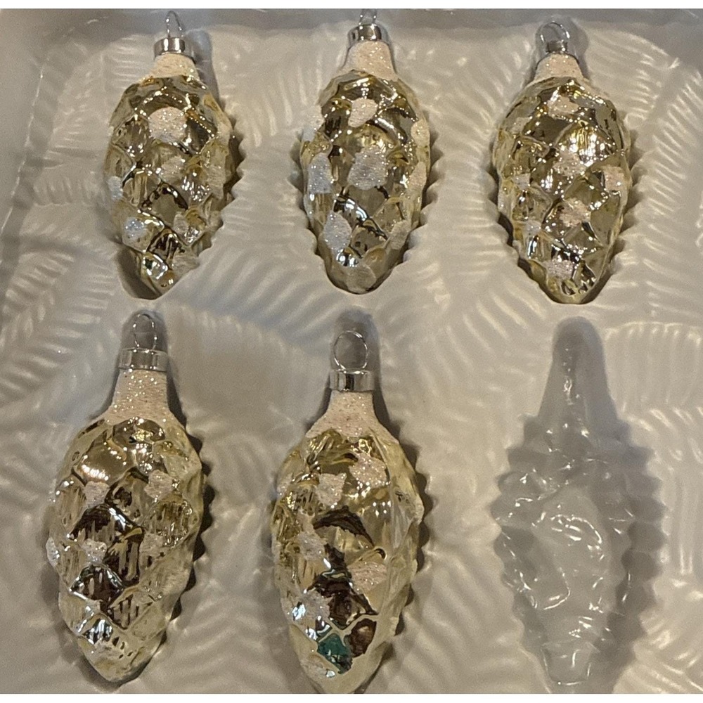Vintage Glass Pine Cones Gold Glittery Ornaments Mini Set Of 5 Mexico 2001
